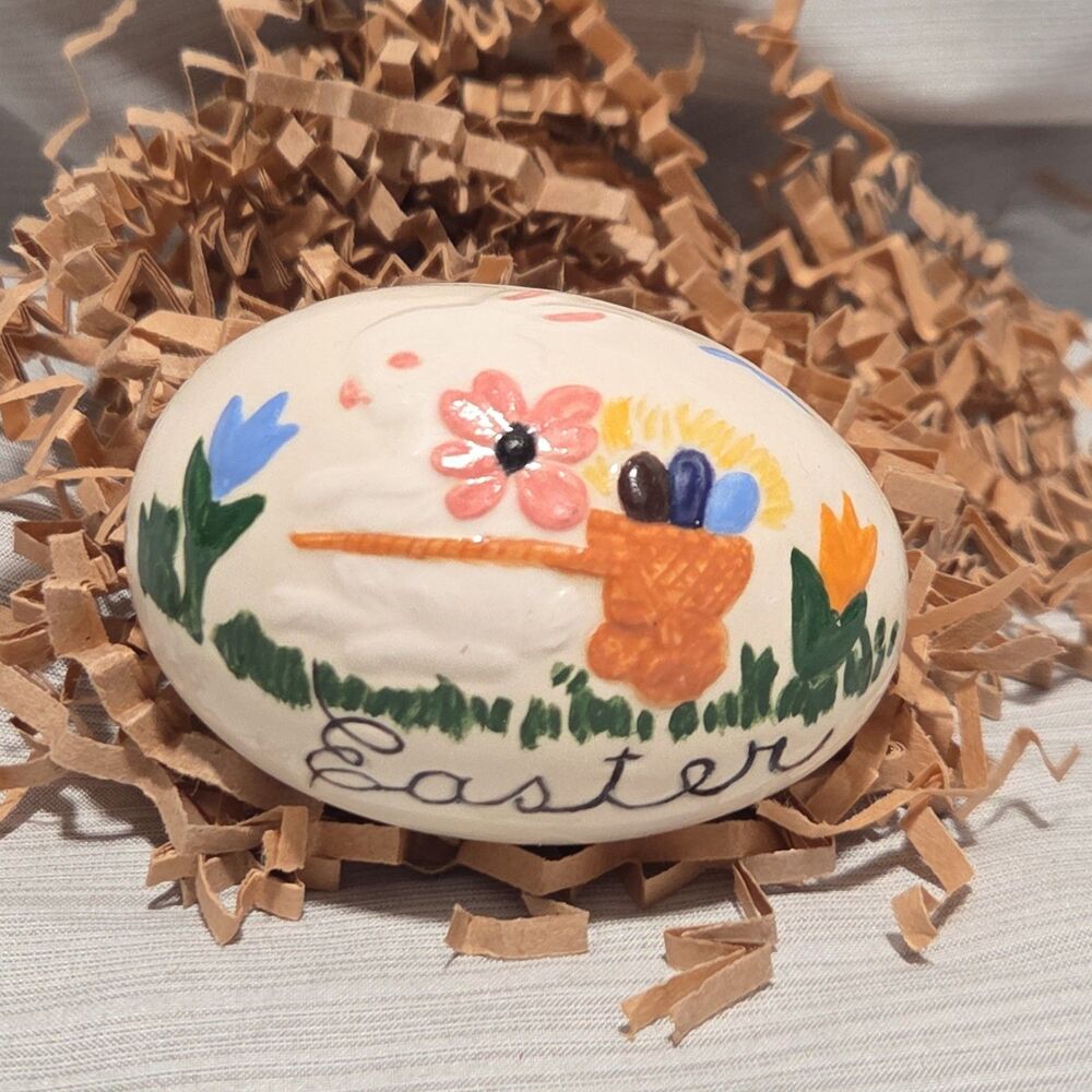 Vtg Hand-Painted Ceramic Nest Egg Darning Egg Easter Bunny Wheel Barrow by LSD